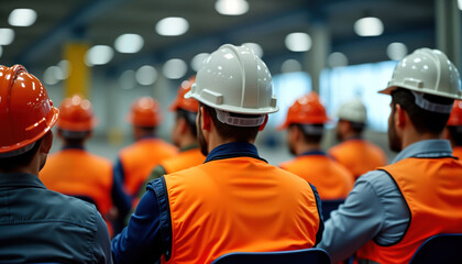 Construction workers attend safety briefing. Workers in orange vests, hard hats seated. Indoor setting. Serious focus. Teamwork important. Industrial training. Safety training. Group listening. Pro