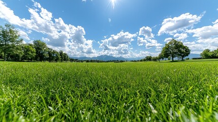 Sunny day, green field, mountains background, idyllic landscape