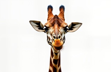 Obraz premium Funny giraffe face close up on white background. Cute animal portrait. High quality AI generated image shows giraffe head. Giraffe with funny expression looking directly at viewer. Perfect for zoo,