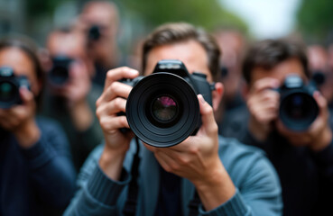 Group of photographers aim cameras at viewer. Photojournalists focus on event. Mass media attention. Contemporary photo of press. Event coverage. Intense media attention.