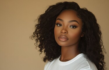Portrait of a beautiful woman with curly hair and natural makeup