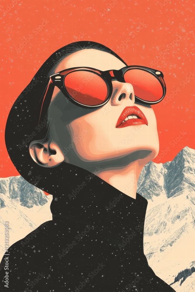 Wall mural Stylish woman in sunglasses against a snowy mountain backdrop and orange sky