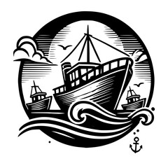 Majestic Ocean Vessel: A Black and White Nautical Illustration.  A captivating monochrome artwork depicting a ship sailing on a wavy sea under a cloudy sky. Perfect for nautical-themed projects.