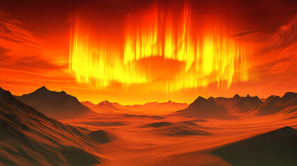 Desert landscape under an orange sky illuminated by a vivid aurora, undulating sand dunes in the foreground, long shadows, distant mountains silhouetted against the glow. Arctic Desert. Illustration