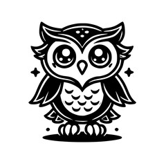 Adorable Kawaii Owl: Black and White Illustration of a Cute Baby Owl. Perfect for children's books, cards, and more!