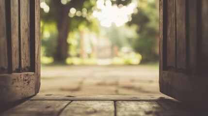 Open wooden door revealing blurred garden.