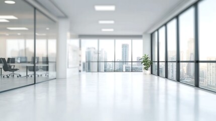 Bright and spacious office space in an unfocused view. Modern blurred background photo for banner, poster or magazine and website background