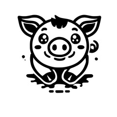 Adorable Cartoon Pig Illustration: Cute Black and White Drawing of a Happy Piglet