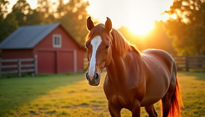 Beautiful brown horse stands in paddock at golden hour. Sunlight highlights horse coat. Red barn in background. Peaceful rural scene. Perfect for nature lovers, horse enthusiasts. Photo perfect for