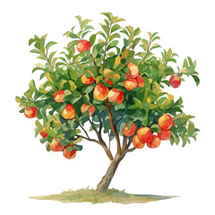 Nectarine Tree with Fruit – Watercolor Illustration, Vibrant Orchard Scene, Lush Green Foliage with Ripe Nectarines, Botanical Digital Painting  
