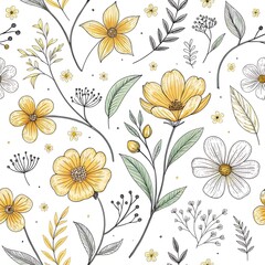 Sketches of blossoming floral botany in a collection of flower drawings, with scattered and random line art on a white background, forming a seamless pattern. Hand-drawn lilac flowers in a ditsy 
