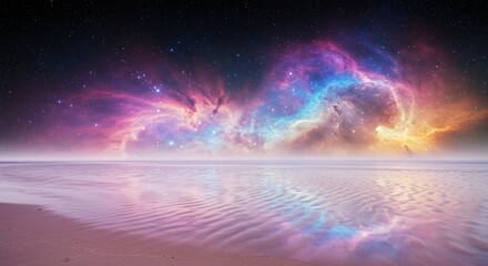 Obraz premium A surreal beach with glowing sand and a horizon filled with colorful nebulas