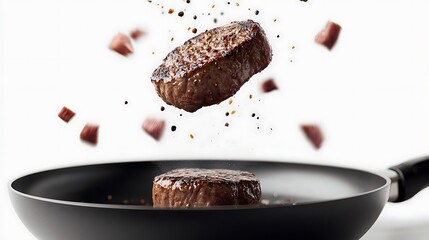 Meat steaks falling into a frying pan with sizzling sound on a pristine white background
