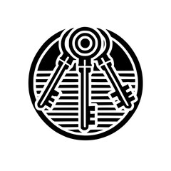 Three Keys in a Circle: Black and White Minimalist Geometric Design.  Perfect for branding, logos, and graphic design projects. Retro vintage style. 