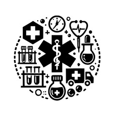 Medical Icons: Healthcare, Science, and Emergency Services. A visual representation of health, treatment, and wellness, encompassing various medical symbols and equipment.