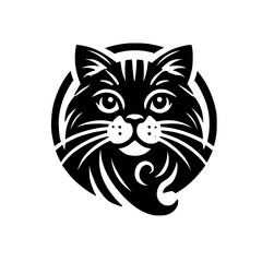 Elegant Black Cat Portrait: Vector Graphic Design, Pet Animal Image, Circular Icon, Stylish Monochrome Illustration