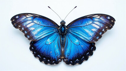 Giant Blue Morpho Butterfly On Isolated Blank White Background - Generative AI