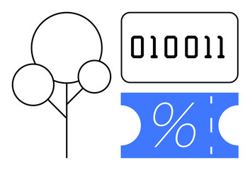 Binary code next to a blue ticket with percentage sign and minimalist tree. Ideal for e-commerce, digital marketing, financial analysis, data processing, environmental sustainability, modern