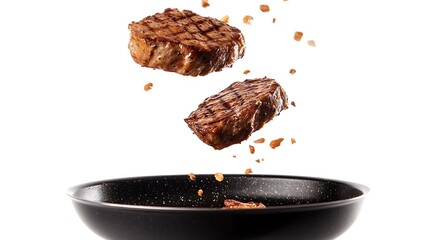 Perfectly roasted meat steaks falling into a sizzling frying pan on white background