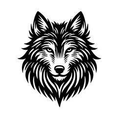 Majestic Wolf Head: Black and White Animal Portrait. A striking graphic design featuring a wolf's head in monochrome, perfect for nature and wildlife lovers.