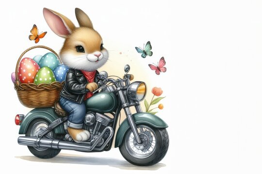 Ein fröhlicher Osterhase in Lederjacke fährt auf einem Motorrad mit einem Korb bunter Eier, umgeben von Schmetterlingen. Lebhaftes Ostermotiv. Generative KI.