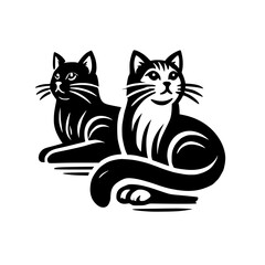 Two Elegant Cats: A Stunning Black and White Artistic Design. This captivating artwork features a pair of felines in a stylish monochrome illustration, perfect for cat lovers and design enthusiasts.