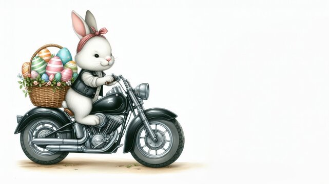 Ein stylischer Osterhase fährt auf einem Motorrad mit einem Korb voller bunter Eier. Moderne Osterfreude mit Textfreiraum. Generative KI. - Powered by Adobe