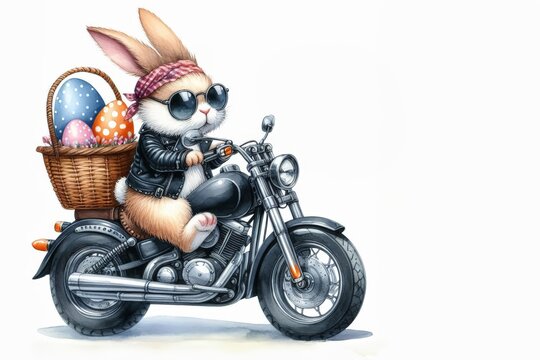 Ein cooler Osterhase mit Sonnenbrille und Lederjacke fährt auf einem Motorrad, mit einem Korb voller bunter Eier. Rockiges Ostermotiv. Generative KI.