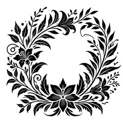 Black and White Floral Wreath: Elegant Vintage Botanical Design. Perfect for invitations, cards, and home decor.  A symmetrical, classic floral pattern.