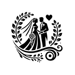 Elegant Black and White Wedding Couple Silhouette with Floral Design. Romantic Marriage Symbol, Perfect for Wedding Invitations, Cards, and Decorations.
