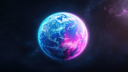 Fototapeta premium Planet Earth glowing with vibrant blue and magenta light in the dark expanse of outer space.