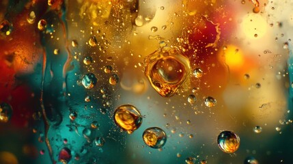 Abstract oil and water droplets on colorful background.