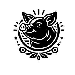 Majestic Pig Head: A Vintage Vector Illustration. Perfect for logos, branding, and farm-related designs.  Black and white graphic with decorative elements.