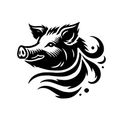 Majestic Pig Head: Black and White Graphic Design, Artistic Animal Portrait, Vector Illustration, Vintage Style, Decorative Tattoo Symbol