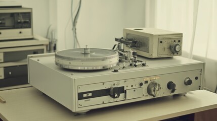 Obraz premium Vintage audio tape recorder on a table.