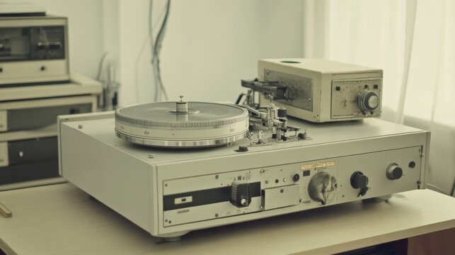 Vintage audio tape recorder on a table.