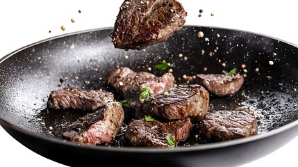 Freshly roasted steaks falling into a frying pan sizzling with aroma on white background