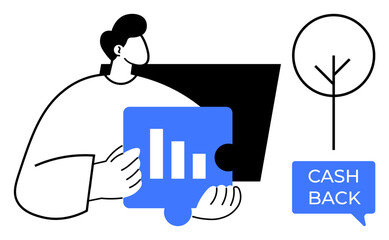 Person holding a puzzle piece with a bar chart, another stylized tree icon, and a cash back label. Ideal for finance, economy, investment, business strategy, growth, incentive programs savings