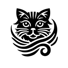 A captivating black and white illustration of a cat's face, artfully designed with abstract swirls, creating a modern and elegant aesthetic. Perfect for pet lovers and design enthusiasts.