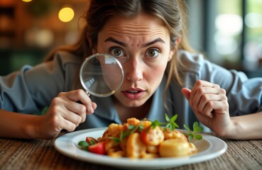 Woman scrutinizes dish with magnifying glass. Restaurant client examines meal ingredients closely. Possible food critic picky eater inspecting restaurant food. Unhappy expression suggests concern