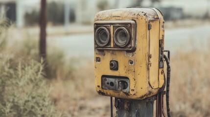 Weathered yellow industrial control box outdoors on a post.