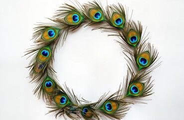 Obraz premium Peacock feathers arranged in circle against white background. Colorful feathers with vibrant turquoise blue, golden yellow eye spots. Natural beauty of exotic birds. Elegant decorative pattern.