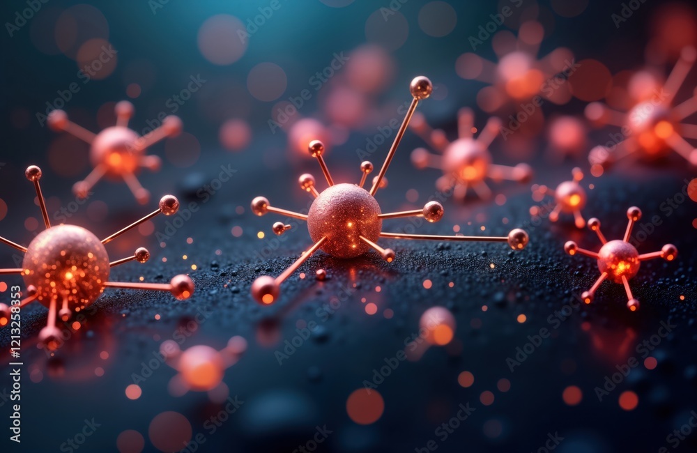 Poster Abstract digital illustration of molecular structures. Dynamic bio tech innovation. Rose gold molecular structures glowing on dark background. Futuristic tech elements. Biotech innovation concept.