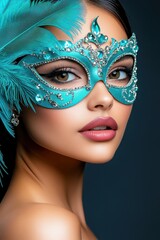 Woman in an ornate turquoise mask adorned with feathers and jewels poses elegantly against a dark backdrop in a minimalistic style