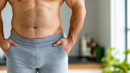 Muscular man in grey shorts, home fitness, blurred background, healthy lifestyle