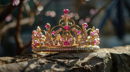Gold and pink tiara with pink stones on it