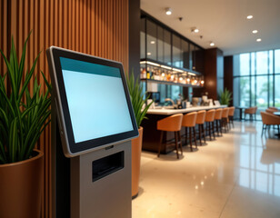 Modern hotel self-service kiosk with high-resolution touch screen. Clear instructions displayed for easy guest use. Tech kiosk located in stylish interior hotel area with bar, seating. Automated