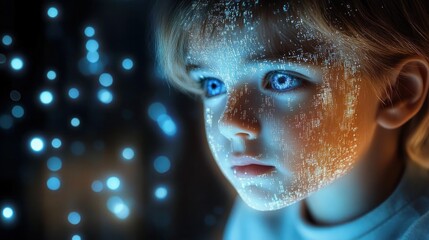 Child Engaged with Tablet in Futuristic Digital World Featuring Hologram and Face ID Technology for Learning and Exploration