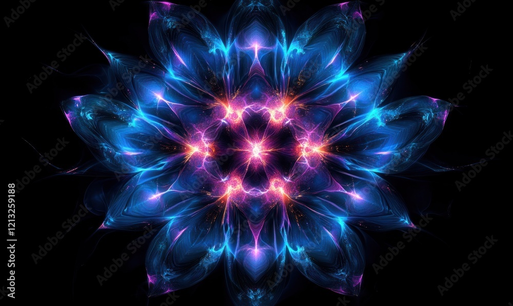 Aufkleber glowing flower fractal pattern in blue and pink on black background abstract expressionism