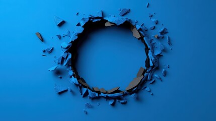 Shattered Blue:  A dramatic abstract image of a circular hole blasted through a blue surface, with fragments scattered around the edges.  